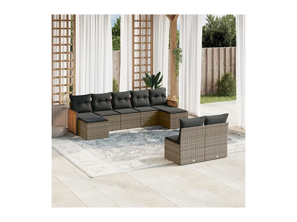 Set Divano da Giardino 9 pz con Cuscini Grigio in Polyrattan