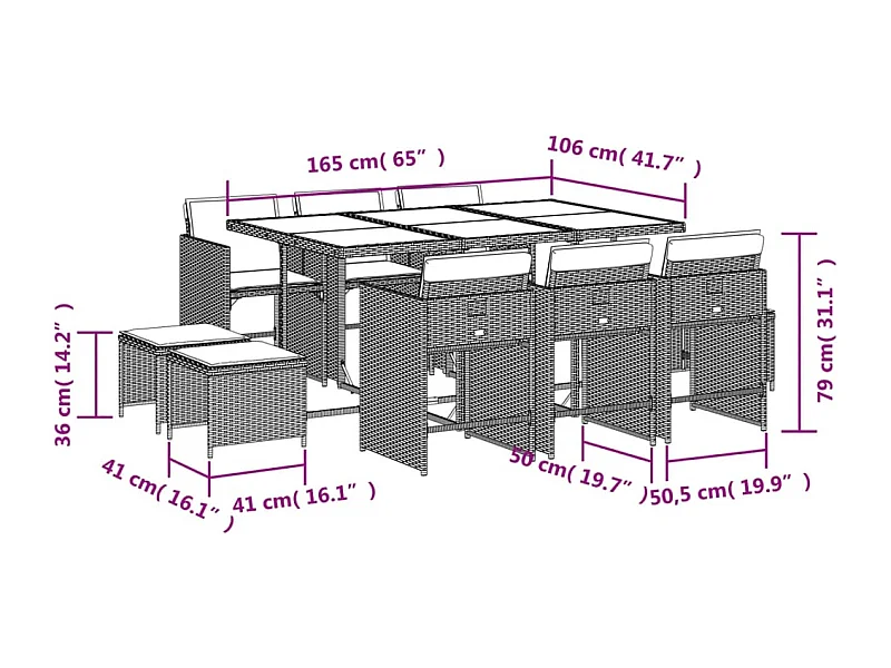 Set da Pranzo da Giardino 11 pz con Cuscini in Polyrattan Nero