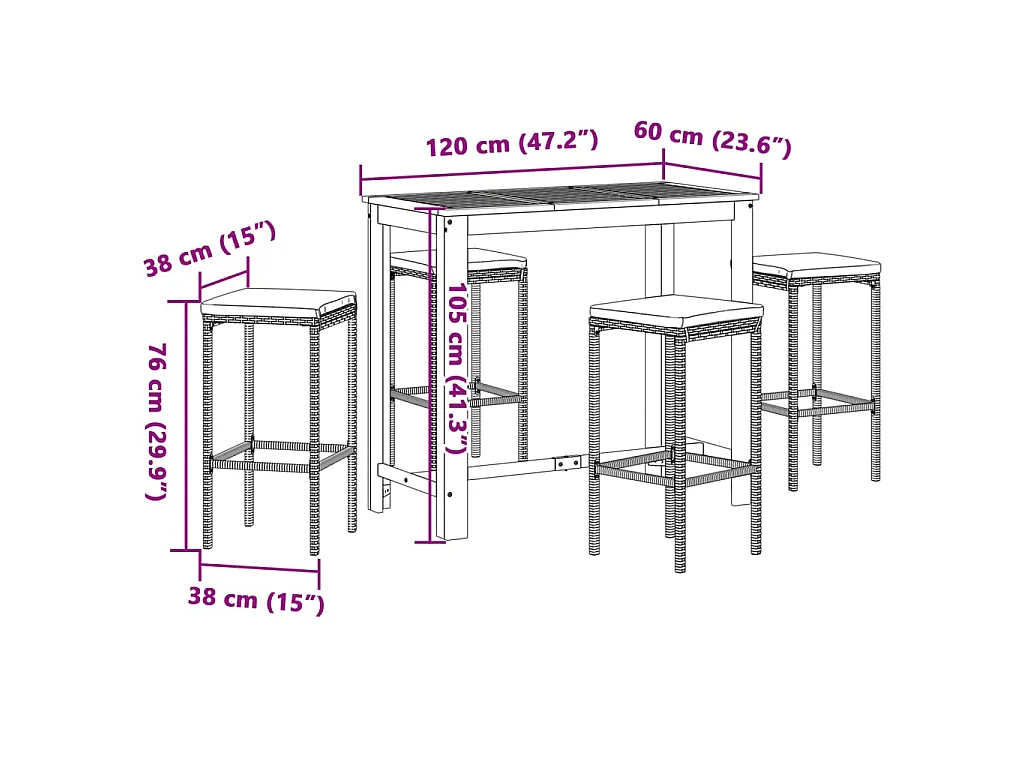 Set Bar Giardino 5pz Marrone Legno Massello Acacia e Polyrattan