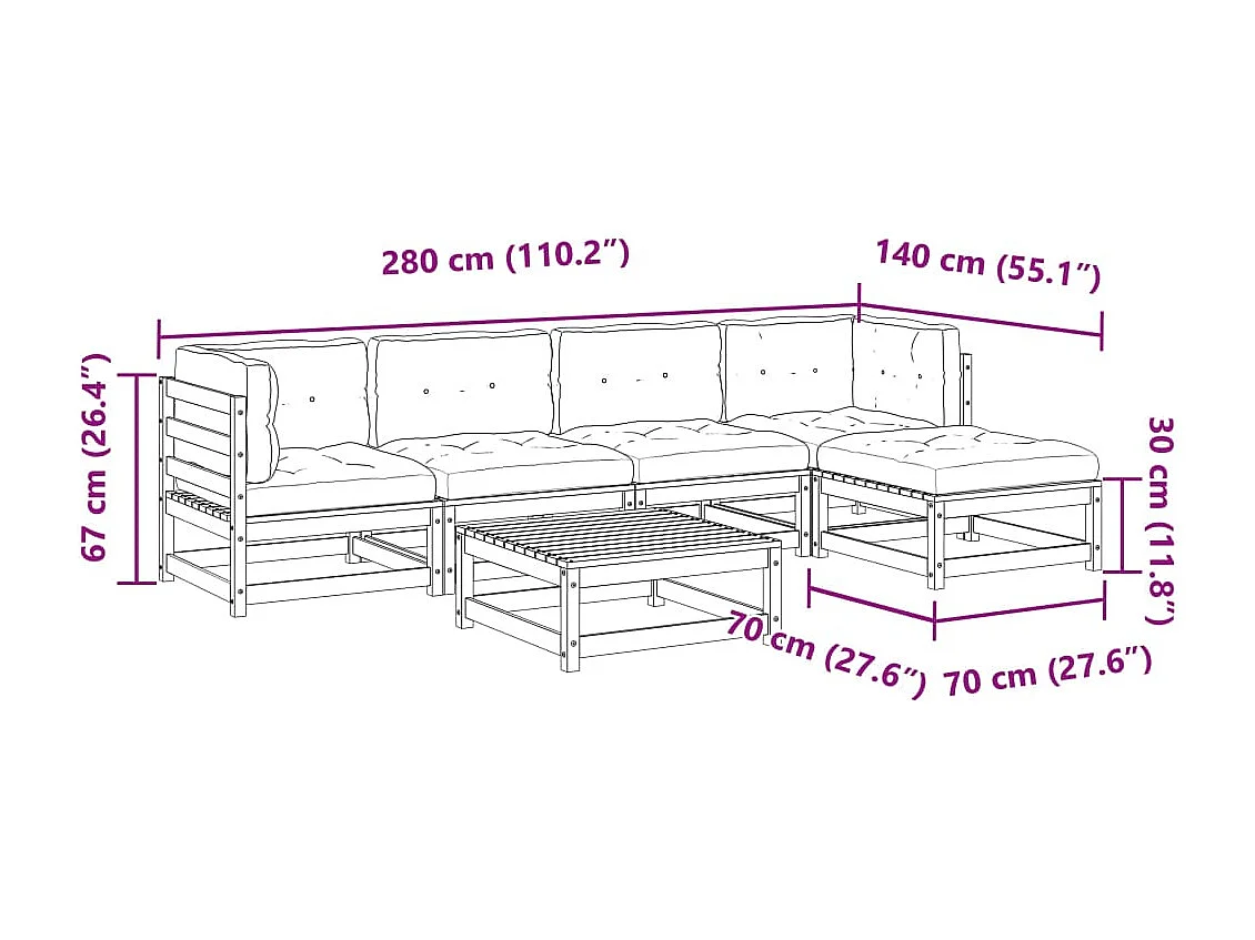 Salon de jardin 6 pcs et coussins bois massif sapin de douglas