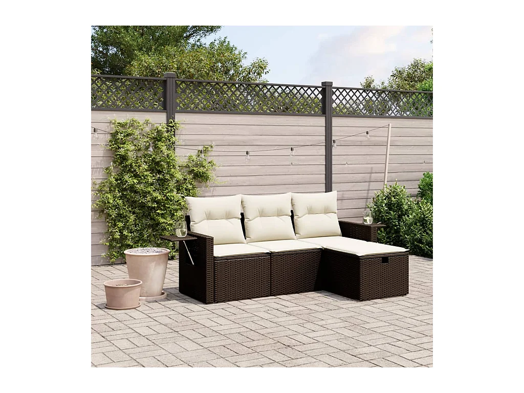 Salon de jardin 4 pcs avec coussins marron résine tressée