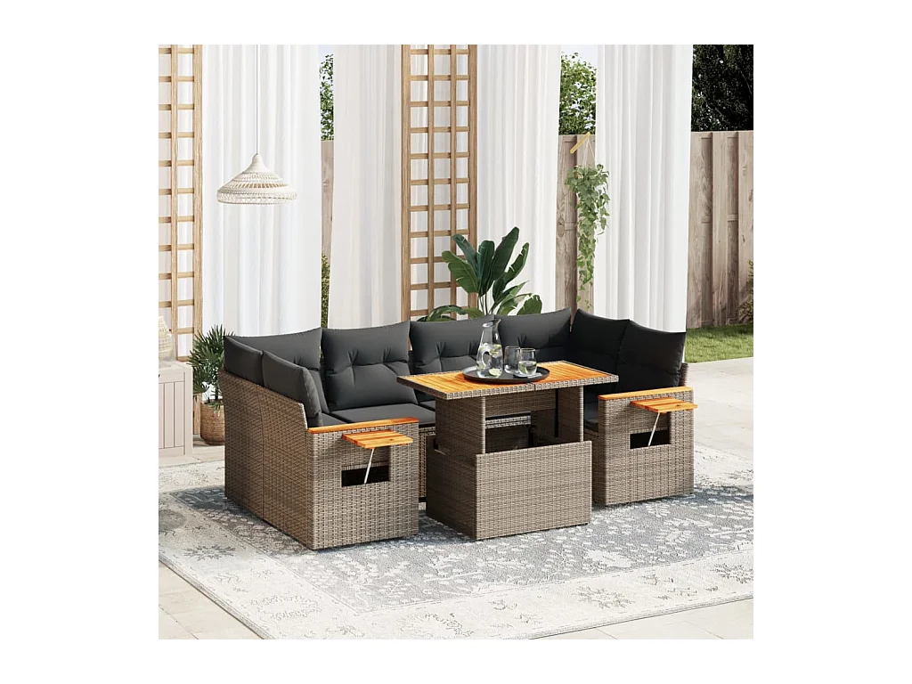 Salon de jardin avec coussins 7 pcs gris résine tressée