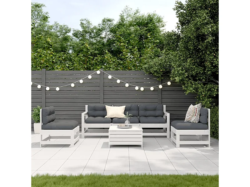 6-tlg. Garten-Lounge-Set mit Kissen Weiß Massivholz Kiefer