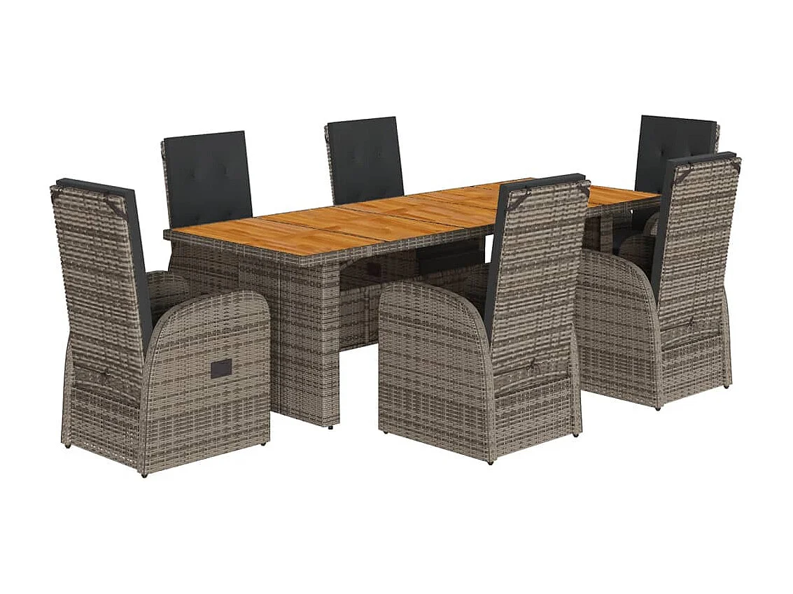 7 pcs conjunto de jantar p/ jardim c/ almofadões vime PE cinza