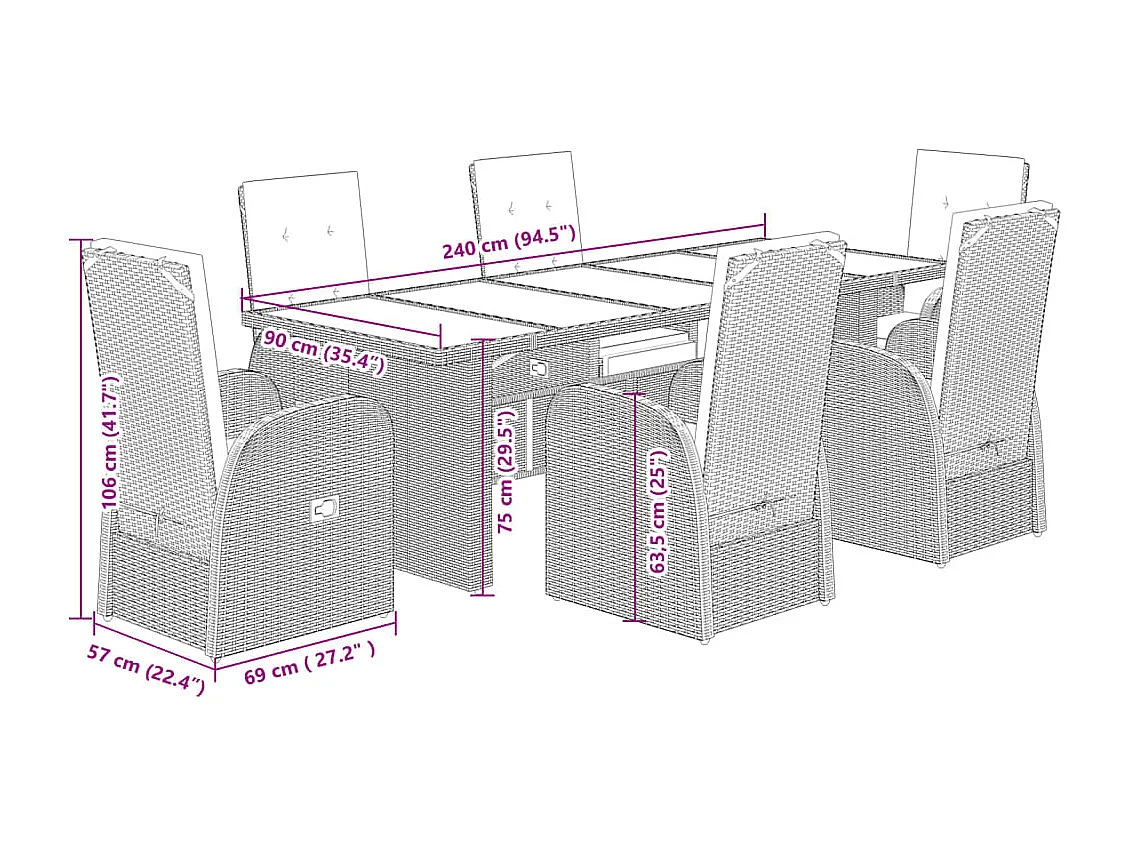 7 pcs conjunto de jantar p/ jardim c/ almofadões vime PE cinza