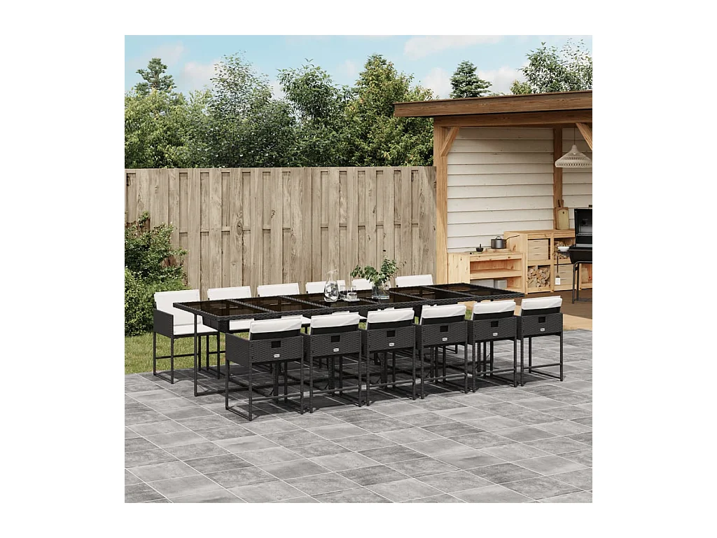 Set da Pranzo da Giardino 13pz con Cuscini Nero in Polyrattan