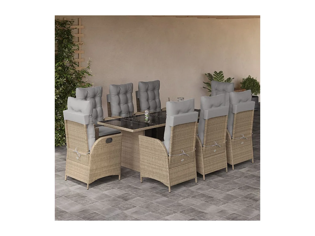 Set Pranzo da Giardino 9 pz con Cuscini Beige Misto Polyrattan