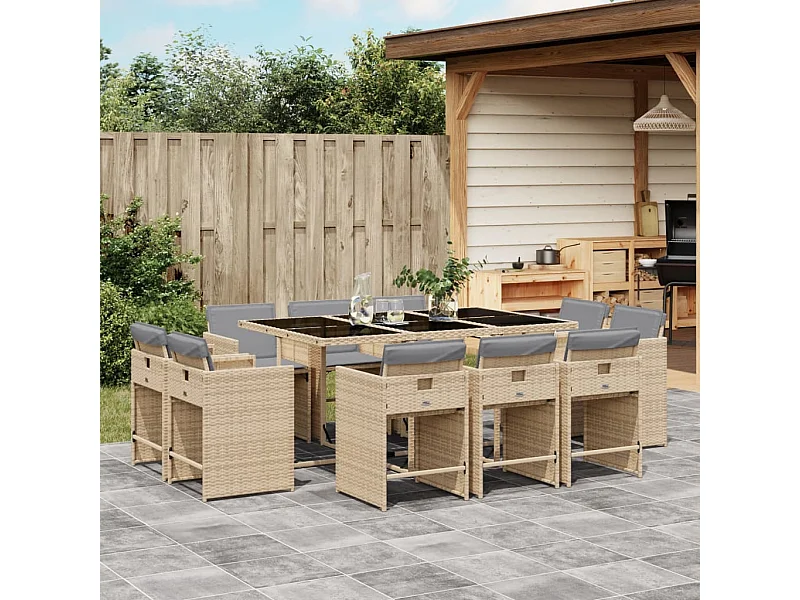 Set Pranzo da Giardino 11 pz con Cuscini Beige Misto Polyrattan
