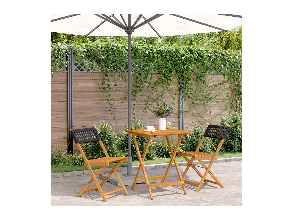 Set da Bistrot 3 pz Nero in Polyrattan e Legno Massello