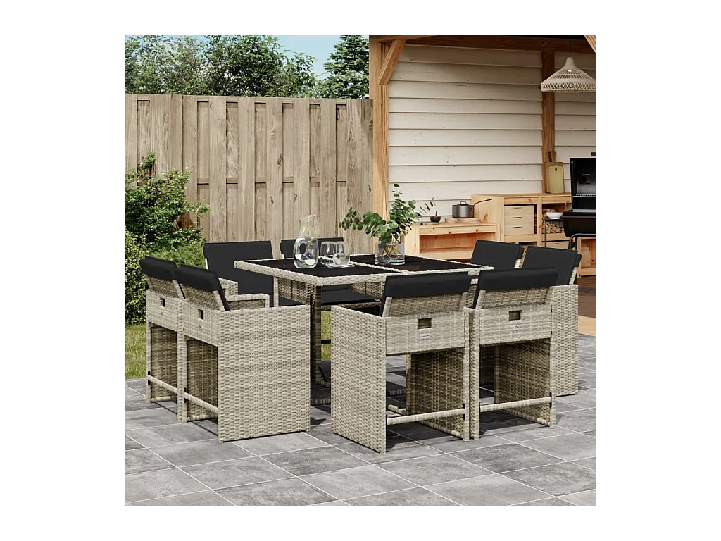 Ensemble à manger de jardin et coussins 9 pcs gris clair rotin