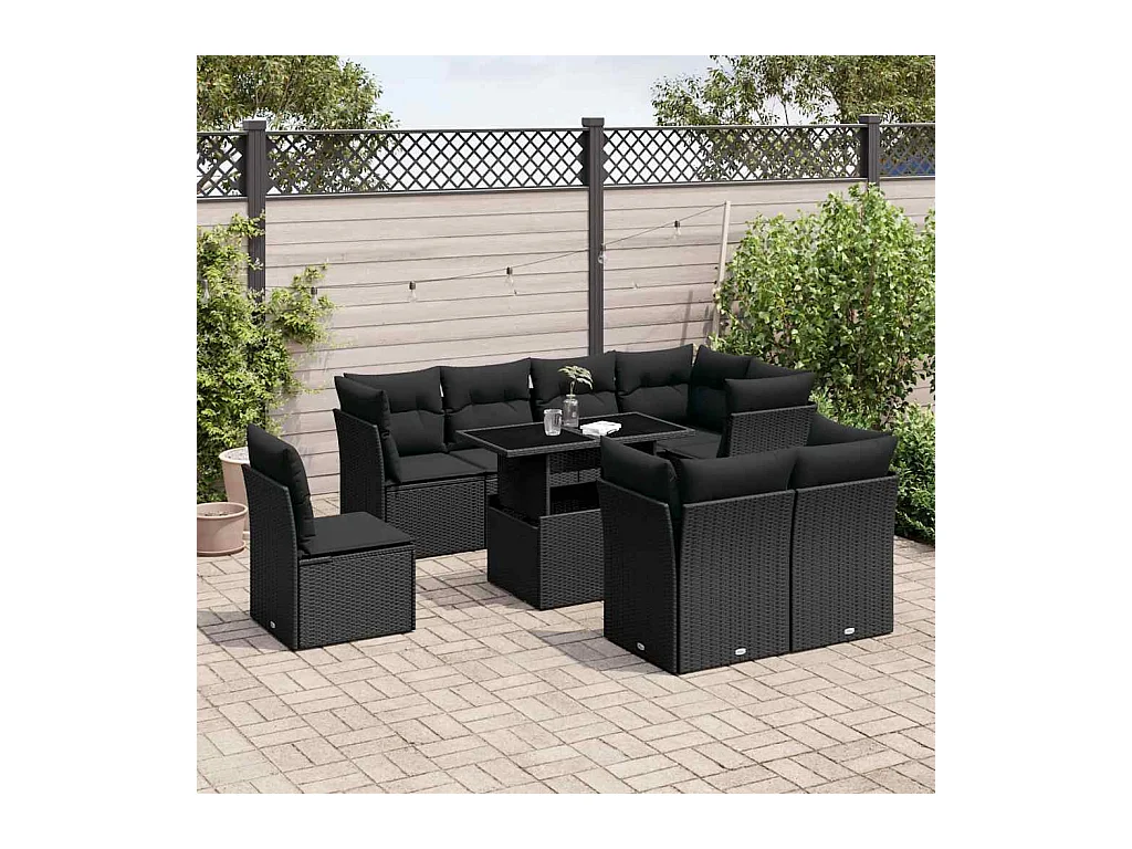 Salon de jardin 9 pcs avec coussins noir résine tressée