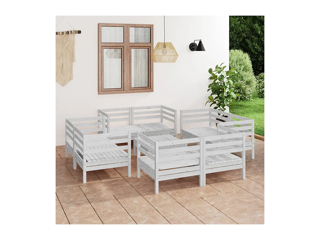 Salon de jardin 9 pcs blanc bois de pin massif