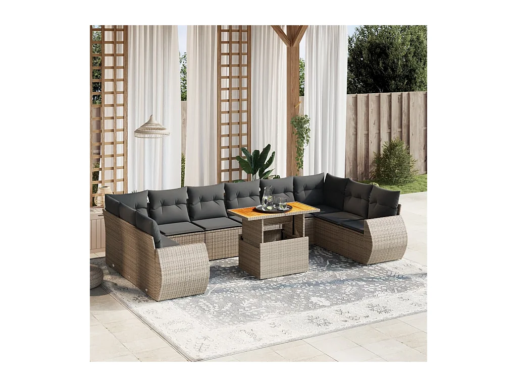 Salon de jardin 11 pcs avec coussins gris résine tressée