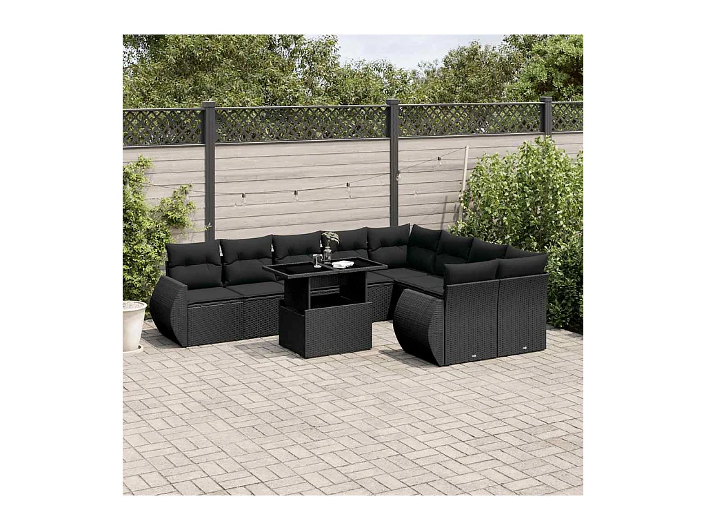 Set Divani da Giardino 10pz con Cuscini in Polyrattan Nero