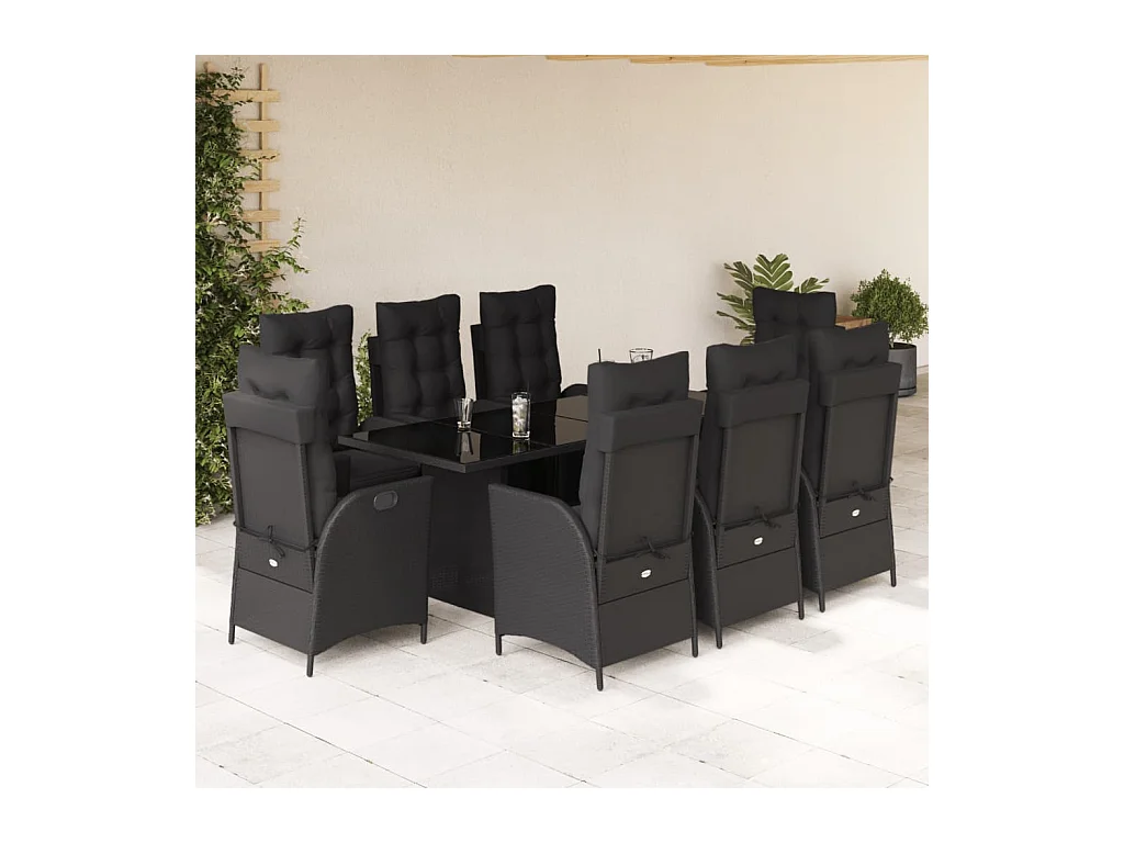 Ensemble à manger de jardin 9pcs coussins noir résine tressée