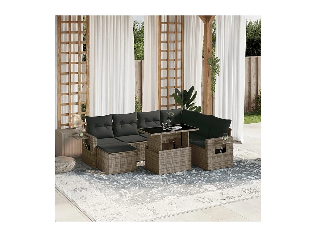 8-tlg. Garten-Sofagarnitur mit Kissen Grau Poly Rattan