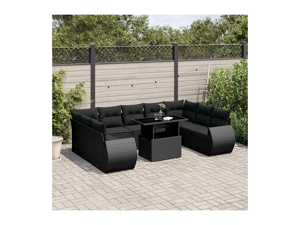 Salon de jardin 10 pcs avec coussins noir résine tressée