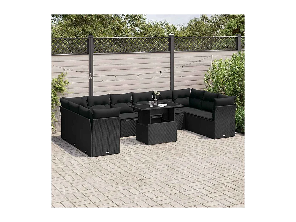 Salon de jardin 11 pcs avec coussins noir résine tressée