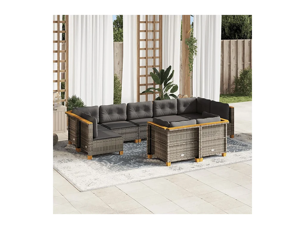 9-tlg. Garten-Sofagarnitur mit Kissen Grau Poly Rattan