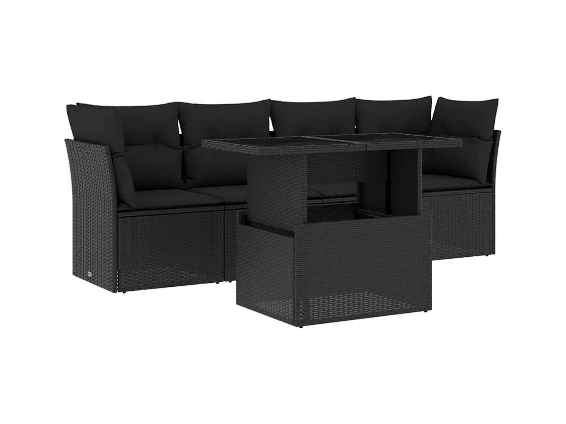 Salon de jardin 5 pcs avec coussins noir résine tressée