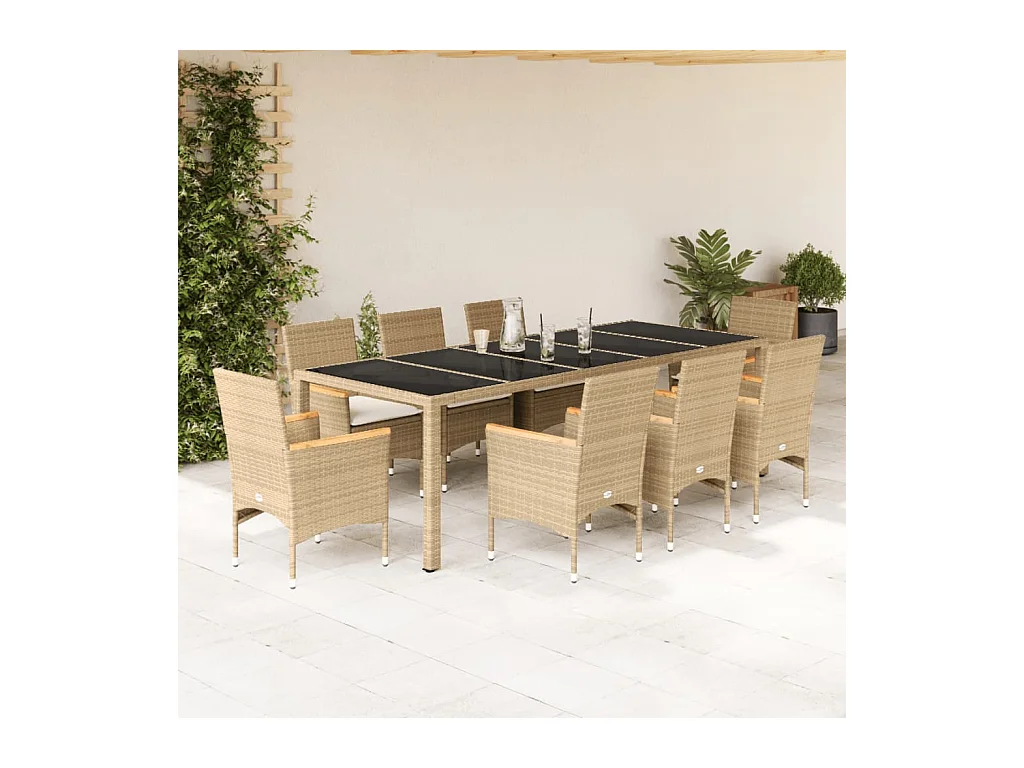 9-tlg. Garten-Essgruppe mit Kissen Beige Poly Rattan Glas