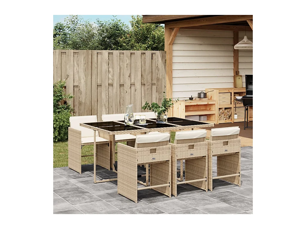 7-tlg. Garten-Essgruppe mit Kissen Beige Poly Rattan