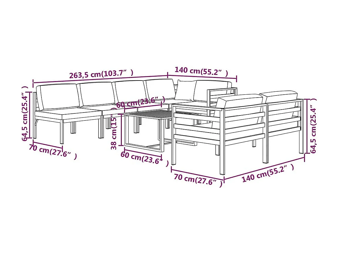 Set Divani da Giardino 8 pz con Cuscini in Alluminio Antracite