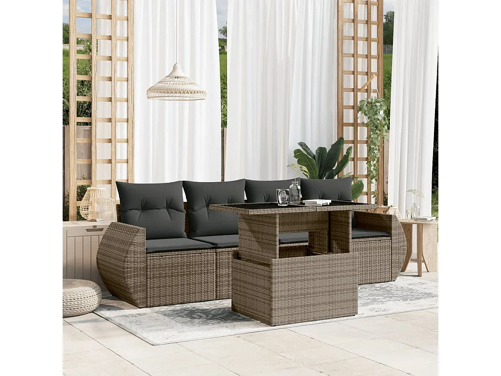 Salon de jardin 5 pcs avec coussins gris résine tressée