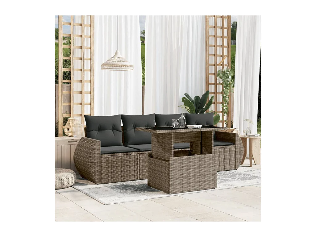 Salon de jardin 5 pcs avec coussins gris résine tressée