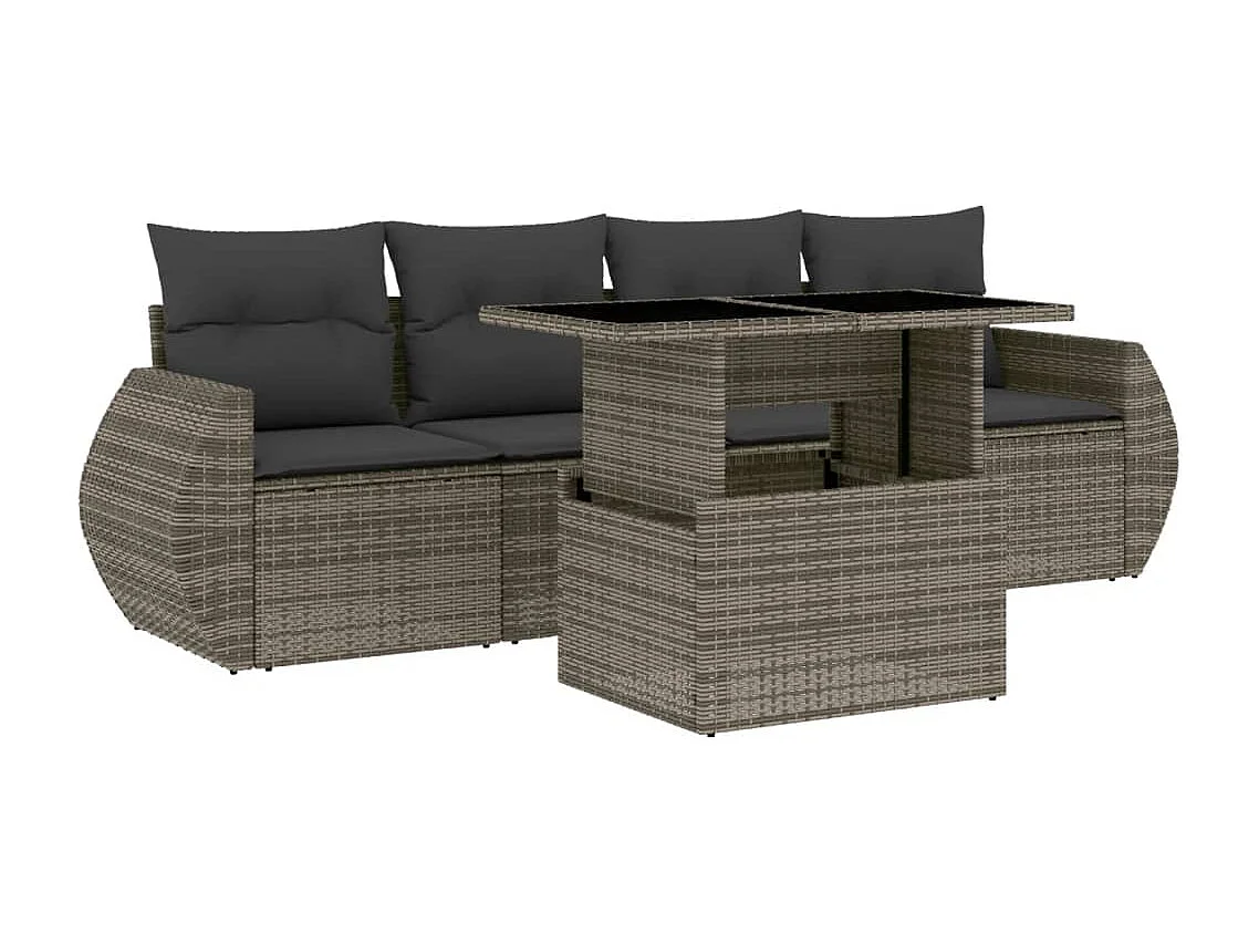 5-tlg. Garten-Sofagarnitur mit Kissen Grau Poly Rattan