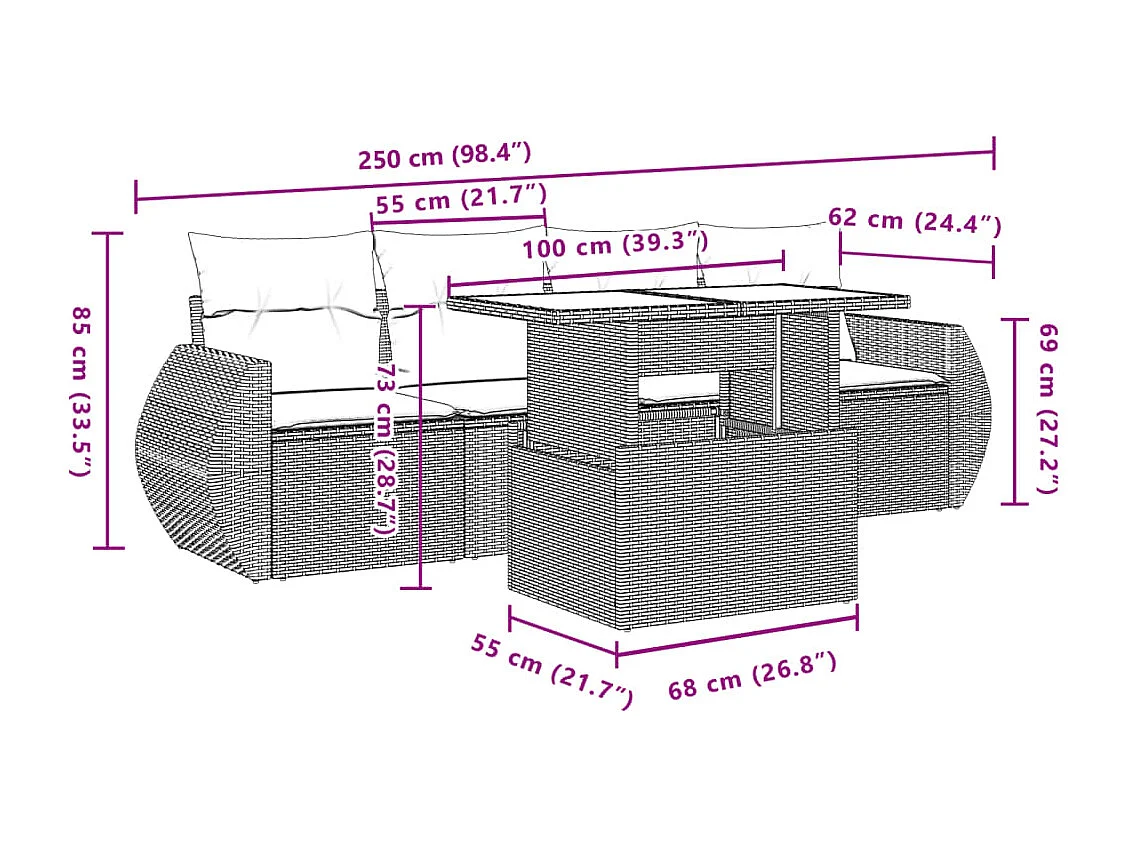 5-tlg. Garten-Sofagarnitur mit Kissen Grau Poly Rattan