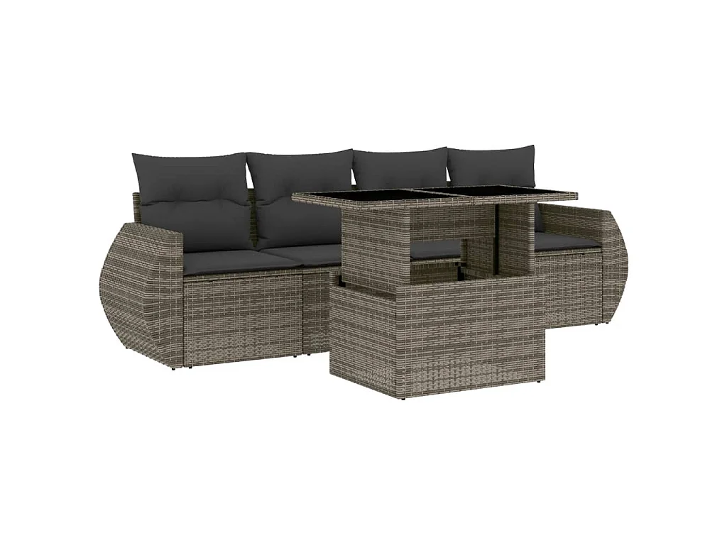 Salon de jardin 5 pcs avec coussins gris résine tressée