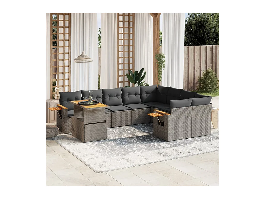 Salon de jardin avec coussins 10 pcs gris résine tressée