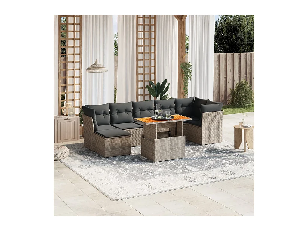 Salon de jardin 8 pcs avec coussins gris résine tressée