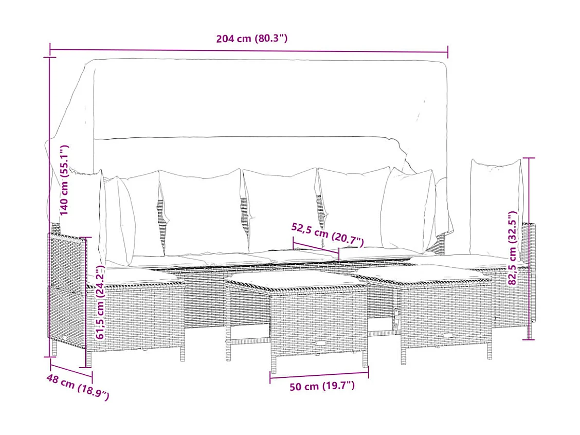 5 pcs conjunto de sofás p/ jardim com almofadões vime PE bege