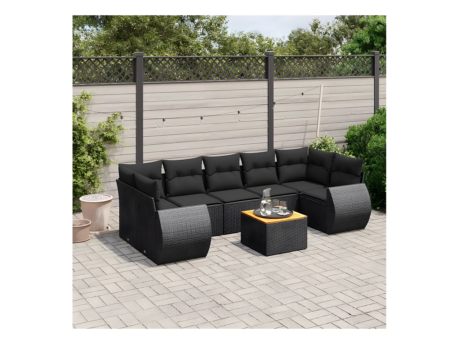 8-delige Loungeset met kussens poly rattan zwart