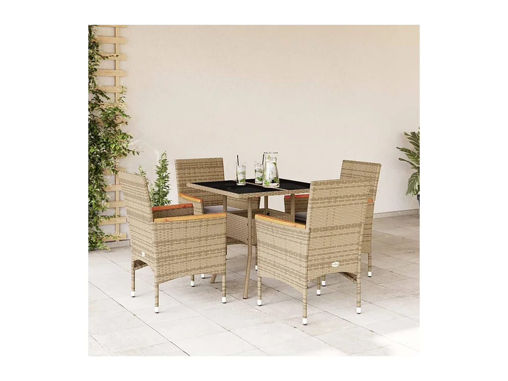 Ensemble à manger de jardin et coussins 5 pcs beige rotin verre
