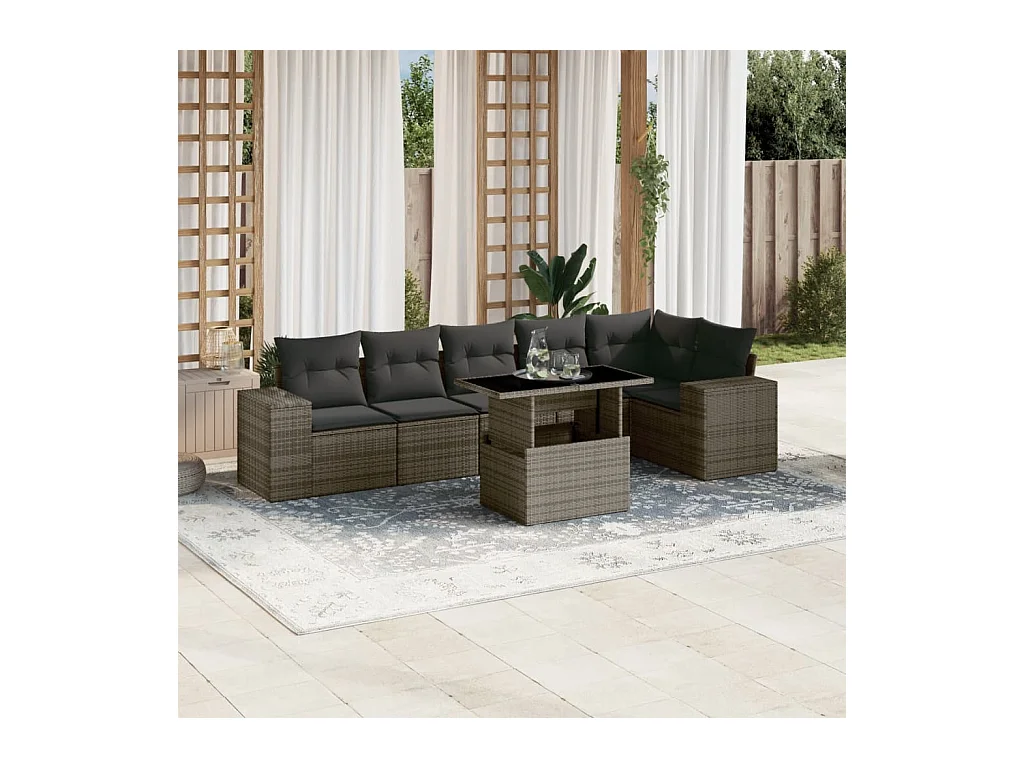 Salon de jardin avec coussins 7 pcs gris résine tressée