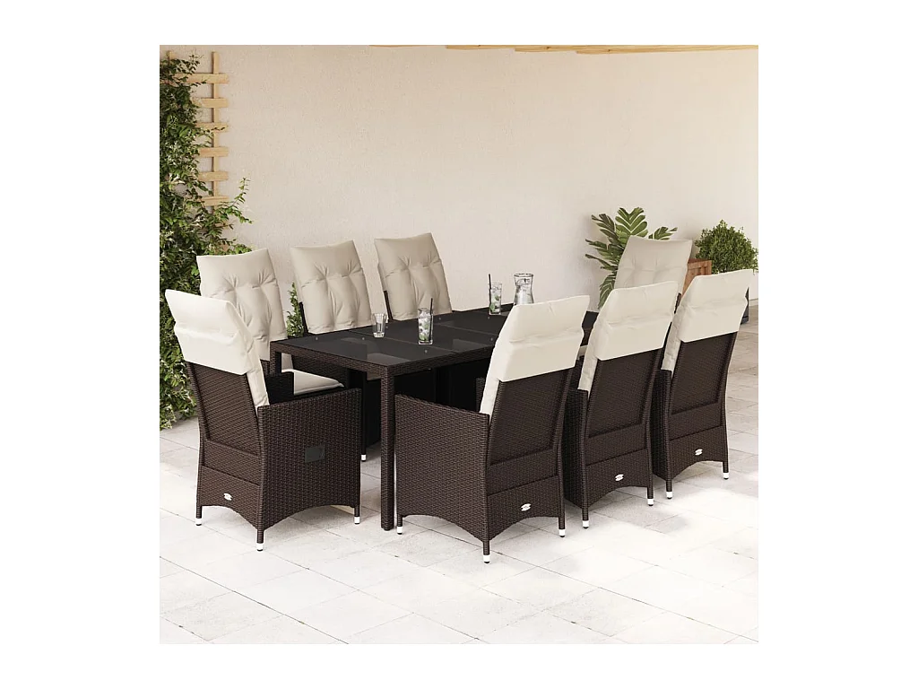 Ensemble à manger de jardin et coussins 9 pcs marron poly rotin
