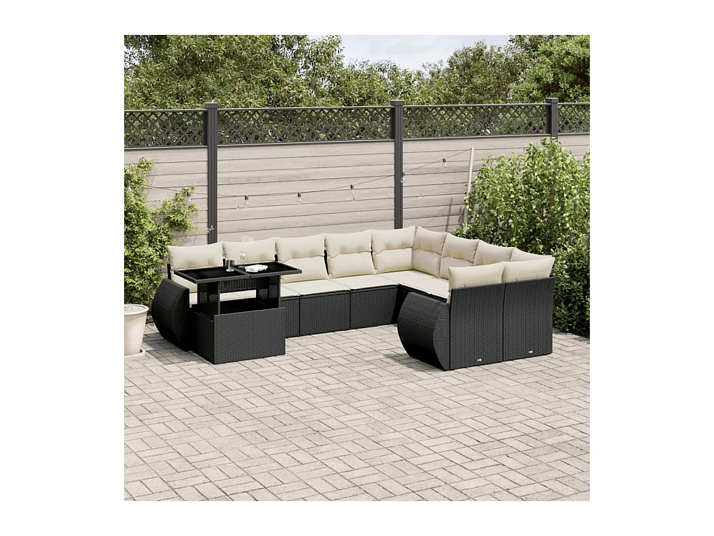 Salon de jardin 10 pcs avec coussins noir résine tressée