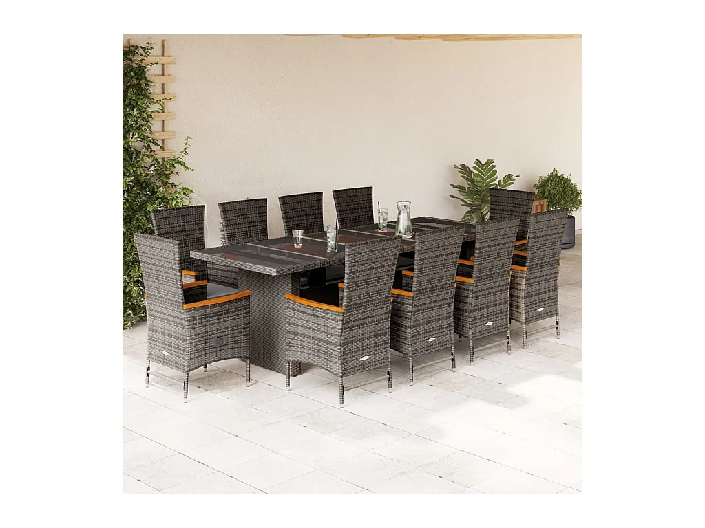 Set da Pranzo da Giardino 11pz con Cuscini in Polyrattan Grigio