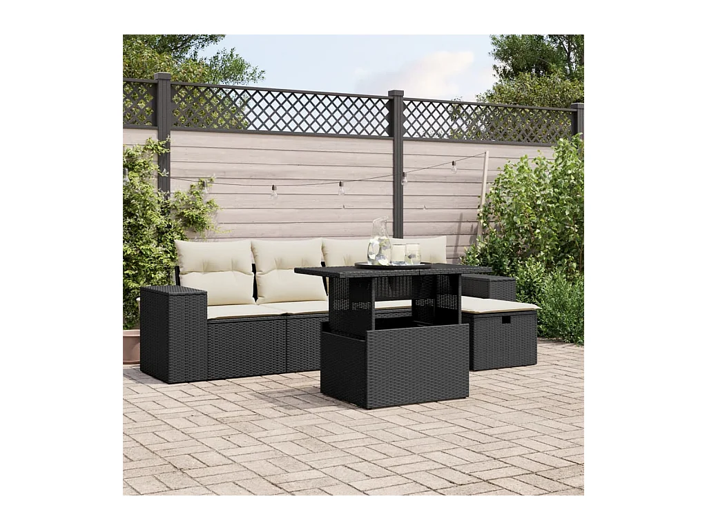 6-tlg. Garten-Sofagarnitur mit Kissen Schwarz Poly Rattan