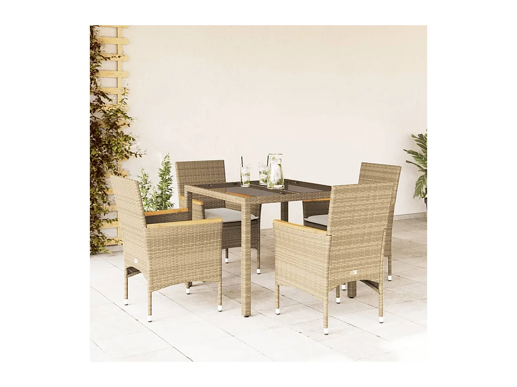 Ensemble à manger de jardin et coussins 5 pcs beige rotin verre