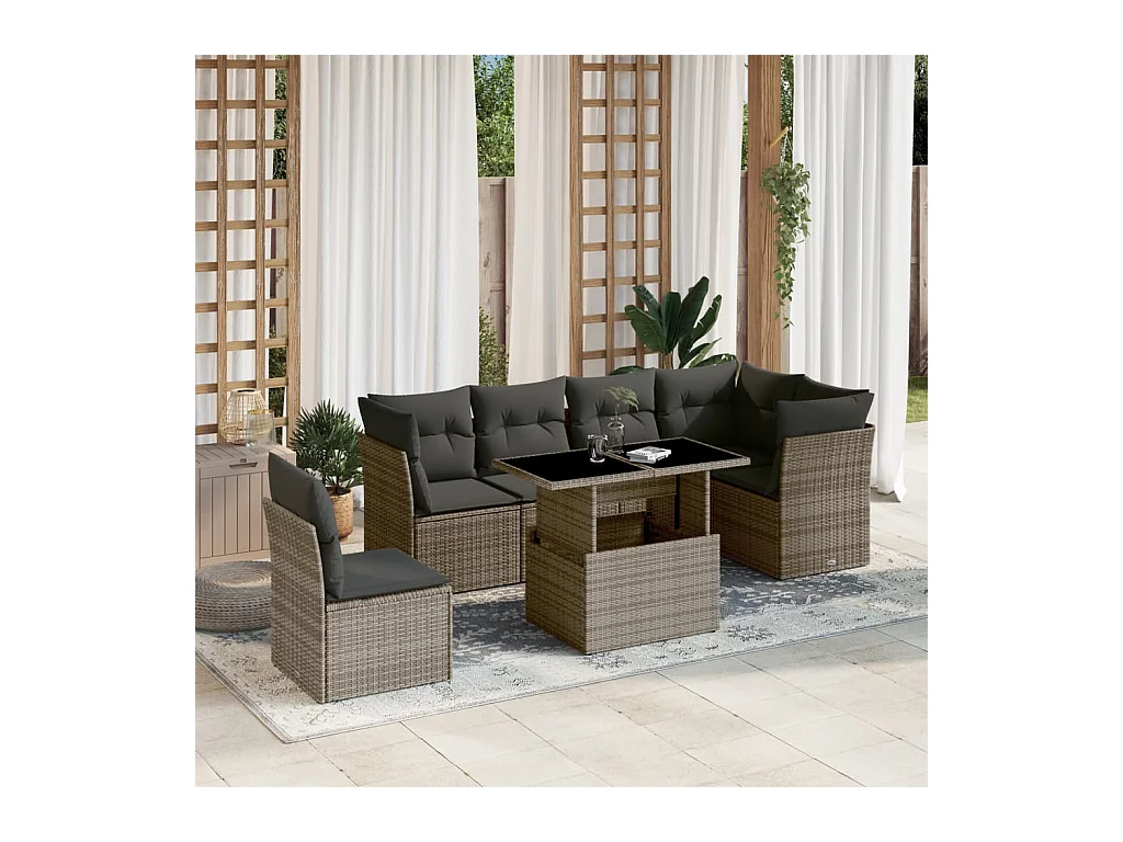 Salon de jardin avec coussins 7 pcs gris résine tressée