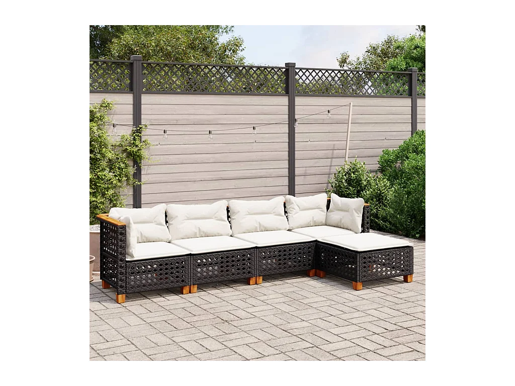 Salon de jardin 5 pcs avec coussins noir résine tressée