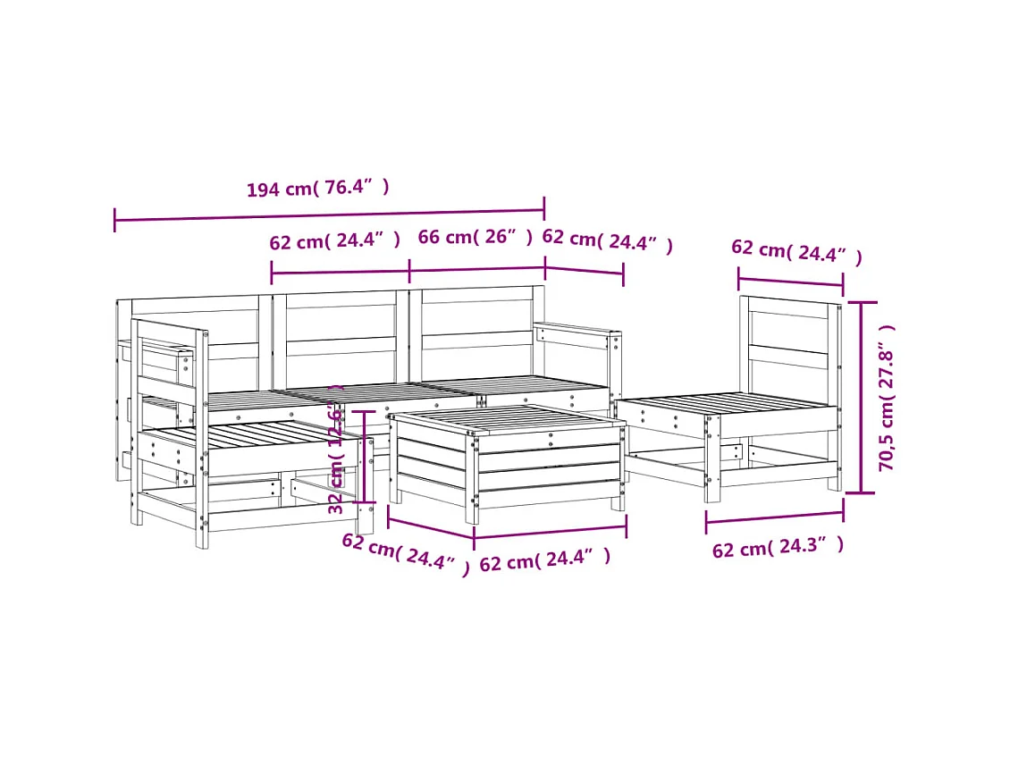 6-delige Loungeset massief grenenhout wit