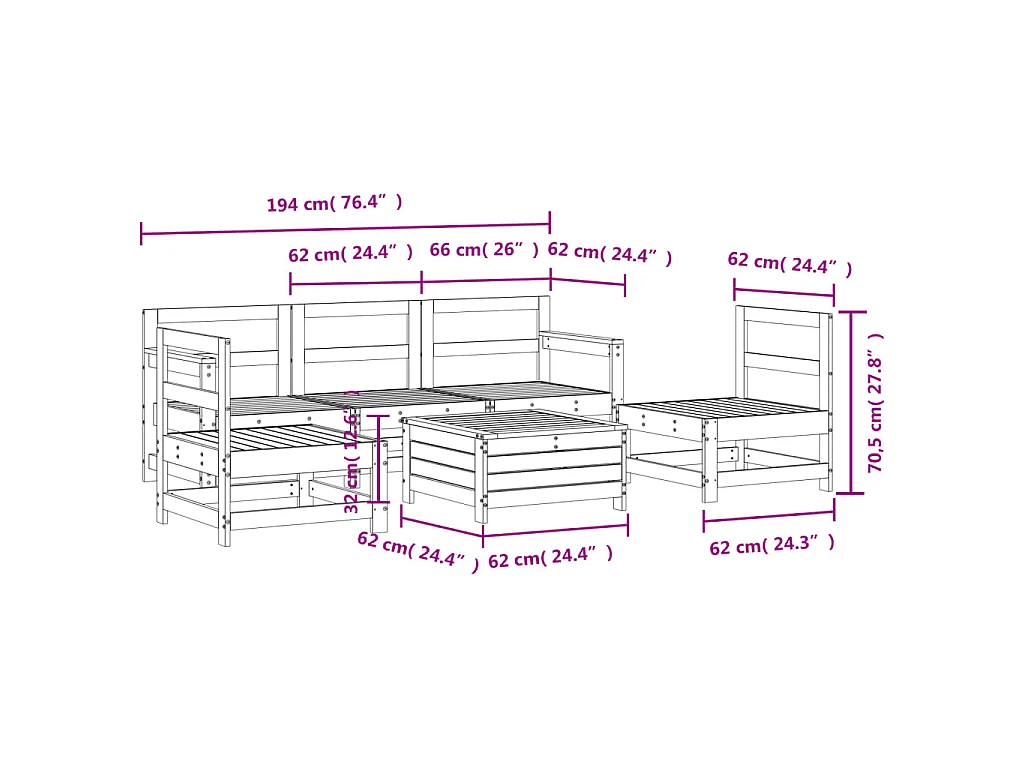 6-delige Loungeset massief grenenhout wit