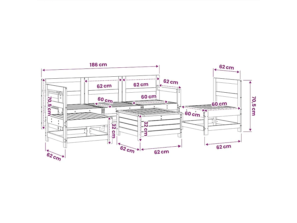 6-delige Loungeset massief grenenhout wit
