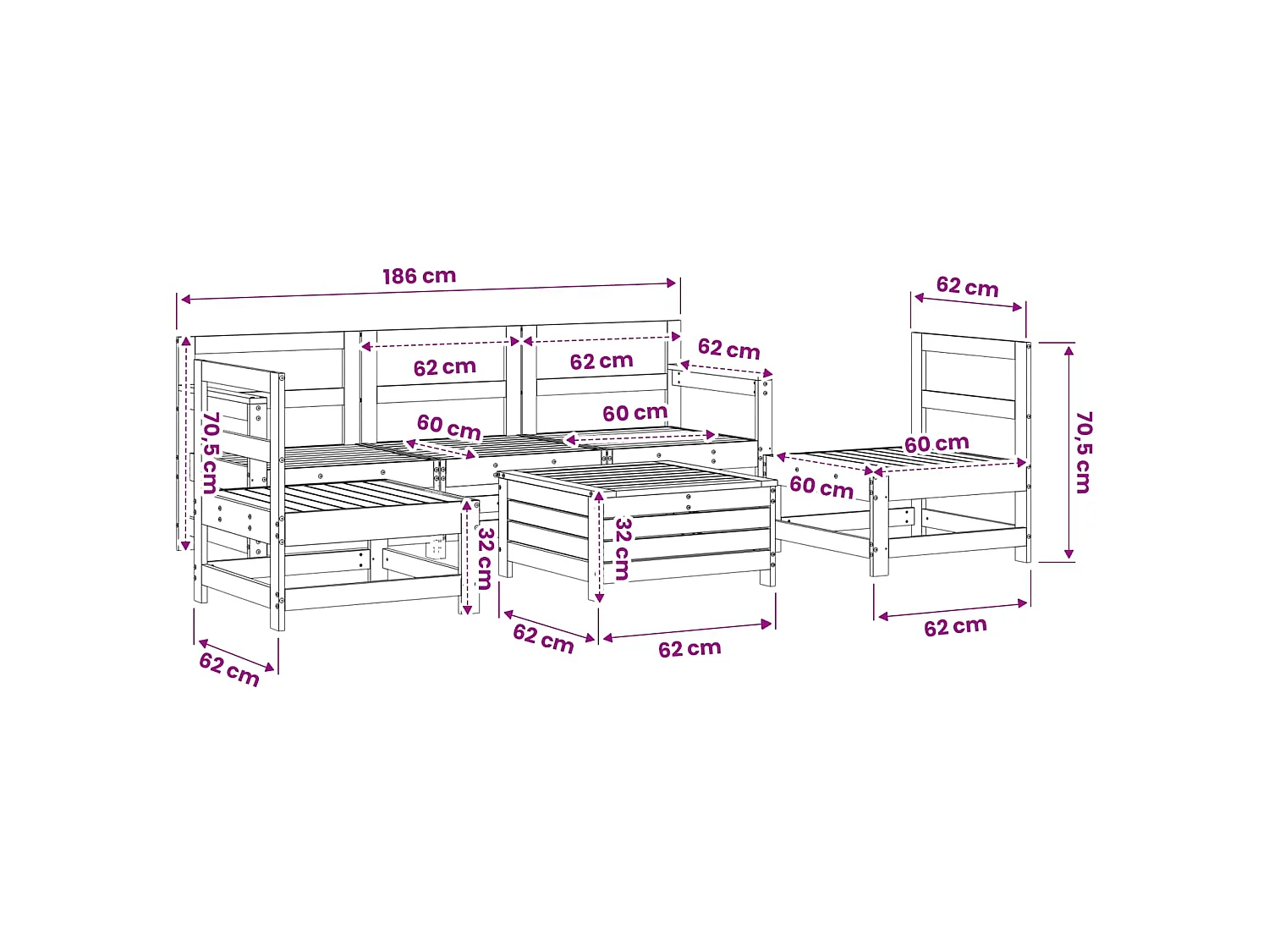Salon de jardin 6 pcs blanc bois de pin massif