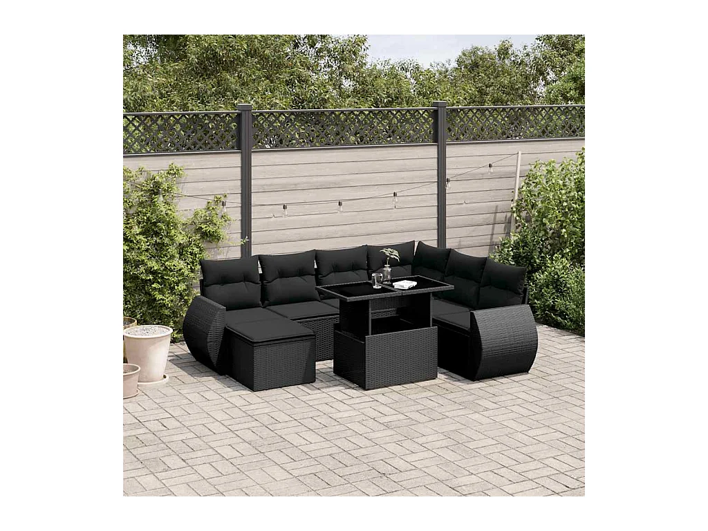 8-delige Loungeset met kussens poly rattan zwart